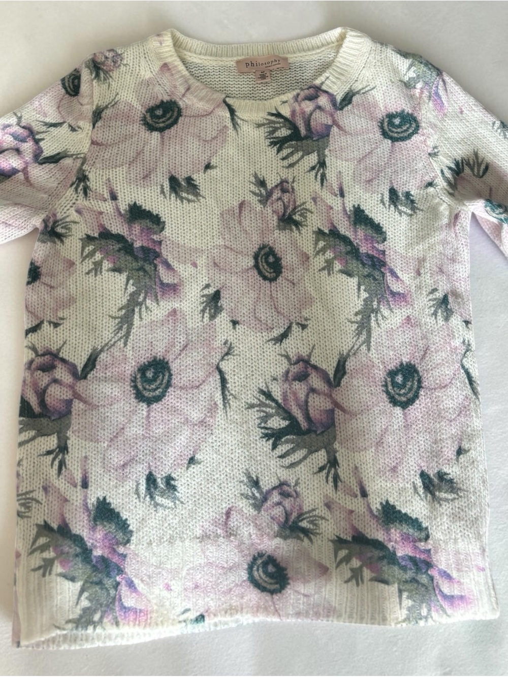 Philosophy Cream Floral Knit Sweater Top with Pink Blooms